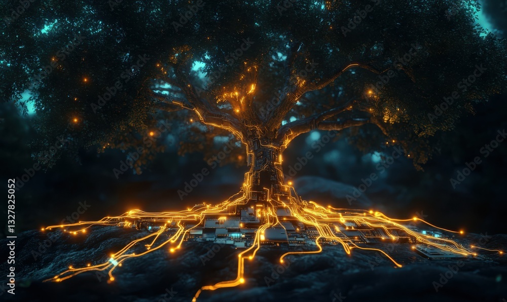 Poster illuminated tech growth: glowing tree with circuit board roots concept art