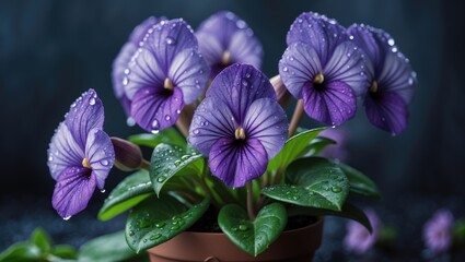 Flowering Saintpaulias, also referred to as African violet. Miniature potted plant. Dark backdrop. Selective focus.