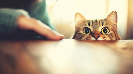   A close-up shot of a cat resting on the floor and a person's hand reaching out from behind