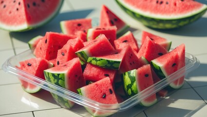 Fresh watermelon, diced into small pieces and stored in plastic Tupperware.