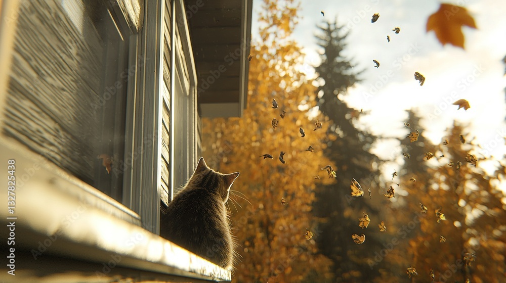 Poster a cat gazes through a window at a tree with golden leaves in front and an orange-yellow tree in back