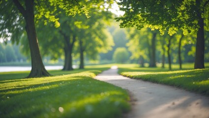 Fresh green lawns in the park. Blurred nature bokeh of green trees in the morning.