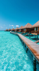 Luxuri&ouml;se Wasserbungalows stehen auf stilvollem Holsteg im klaren Meer

