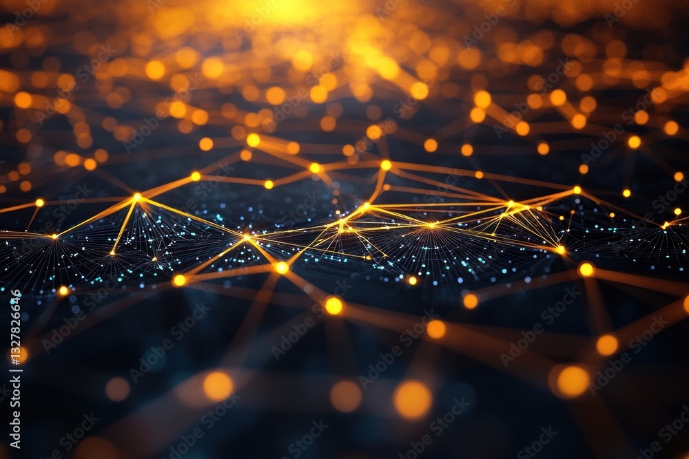 Poster abstract network visualization with glowing orange and blue nodes connected by intricate lines, repr