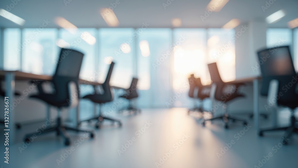 Poster blurred vacant open office area. complete interior featuring chairs and table with modern windows an
