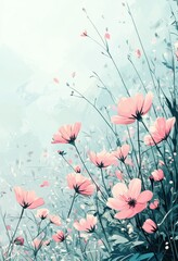 Beautiful pink flowers in a serene landscape with soft pastel colors and gentle light creating a tranquil and dreamy atmosphere for inspiration and relaxation.