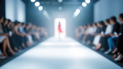 Blurred background of fashion runway catwalk, out-of-focus empty runway during fashion show.