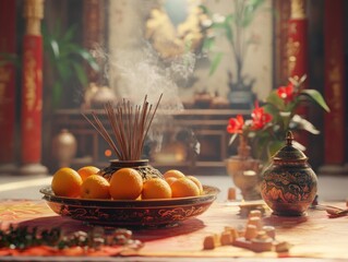 Incense and Oranges in a Tranquil Asian Setting with Flowers