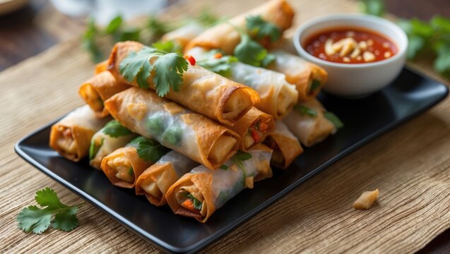 Fried Egg Rolls, Vegetable Rolls, crispy spring rolls paired with sweet chili sauce presented on a black plate at a restaurant.