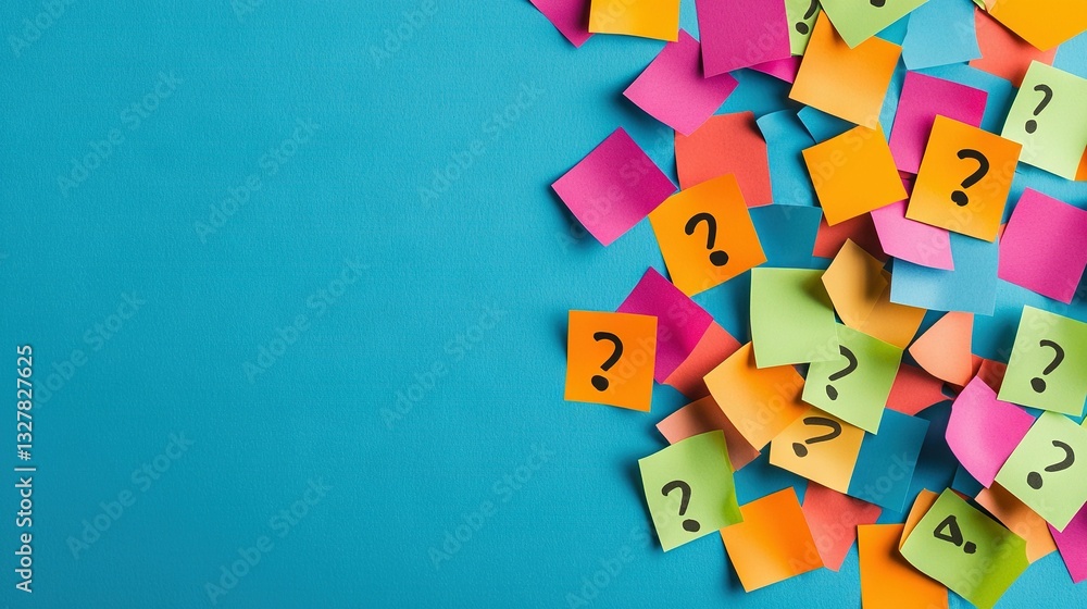Poster a stack of multicolored sticky notes featuring two question marks