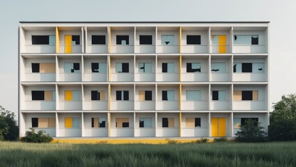 Facade of a social housing building in the suburbs. These accommodations provide moderate rent options for the lowest-income families.