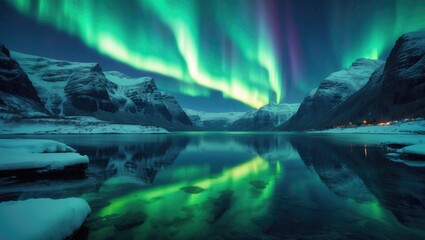 Northern lights above the snowy mountains, sea, fjord, and reflection in the water on a winter starry night. Aurora borealis and snow-covered rocks. A landscape featuring polar lights, city lights,...
