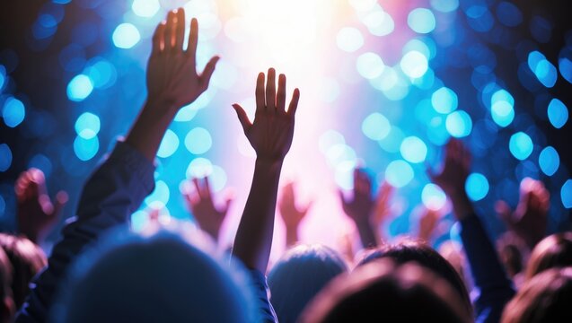 Blurred image of worship in a church with light bokeh effect. Raised hands and praise. Concert backdrop.