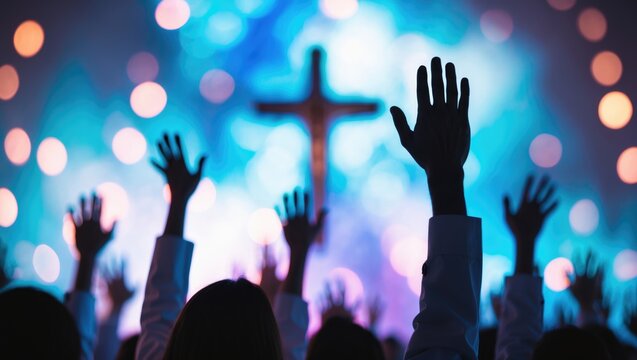 Blurred image of worshipping together in Church with a light bokeh effect. Raised hands and praise. Concert backdrop.