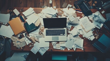 A cluttered desk featuring laptops papers and assorted office supplies