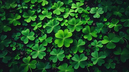 Lucky Irish Four Leaf Clover in the field as a holiday symbol among three-leaved shamrocks, with a fresh green nature background and juicy color of the shamrock plant.