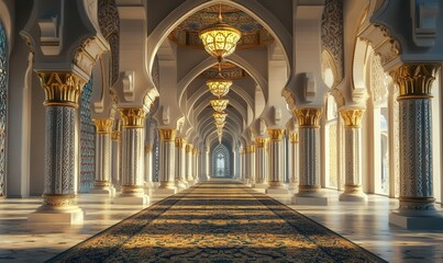 Obraz premium Majestic Mosque Interior with Golden Arches and Ornate Details