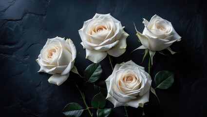 Fresh, white roses on a dark background. Space for emotional, sentimental text, quotes, or sayings. Bird's-eye view. Flat lay.