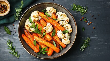   Bowl of carrots and cauliflower on a table next to spice bowl