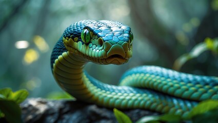 Fototapeta premium Blue viper snake closeup of its head, viper snake poised to attack, closeup of the snake's head.