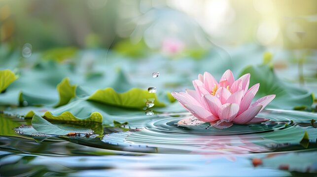 Delicate pink lotus bloom graced with water droplets in a serene pond