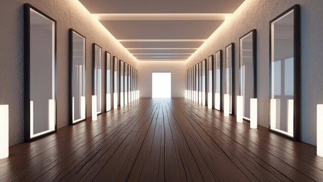 Endless repeating image of a picture frame in a room with wooden flooring and textured wallpaper.