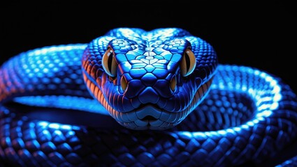 Fototapeta premium Closeup of a blue viper snake's head against a black background, poised to attack, featuring the snake's head in detail.