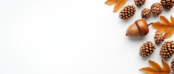 Autumnal Composition: Acorn, Pine Cones, and Leaves on White Background