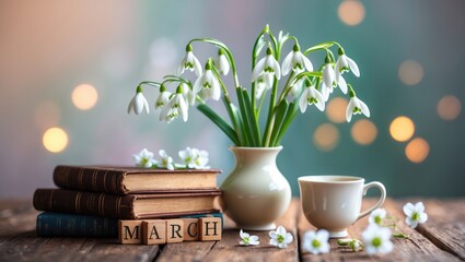 Bouquet of snowdrop flowers, a cup, books, and wooden letters on a table. Spring backdrop. Delicate arrangement featuring snowdrops, a symbol of the spring season. Month calendar theme.
