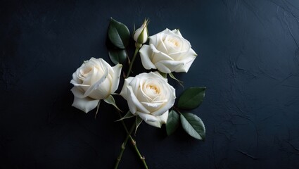 Fresh, white roses on a dark backdrop. Blank space for emotional, sentimental text, quotes, or sayings. Top perspective. Flat lay.