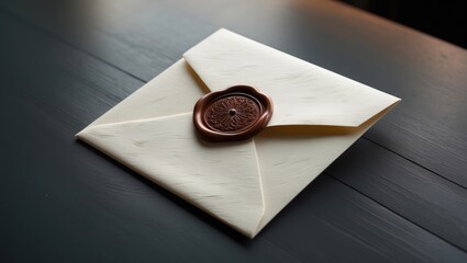 Fototapeta premium Beige envelope resting on a dark gray wooden table surface. Invitation envelope for an event. Close-up image.