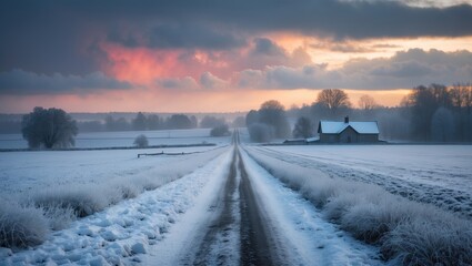 Obraz premium Snow-covered rural road winding through fields post-blizzard at sunset. Old rustic home in the background. Winter countryside scene. Dramatic sky with colorful clouds. Ice landscape.