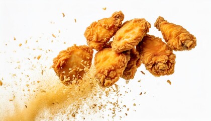 Crispy Fried Chicken Pieces Flying in Mid-Air with Golden Crumbs Scattering