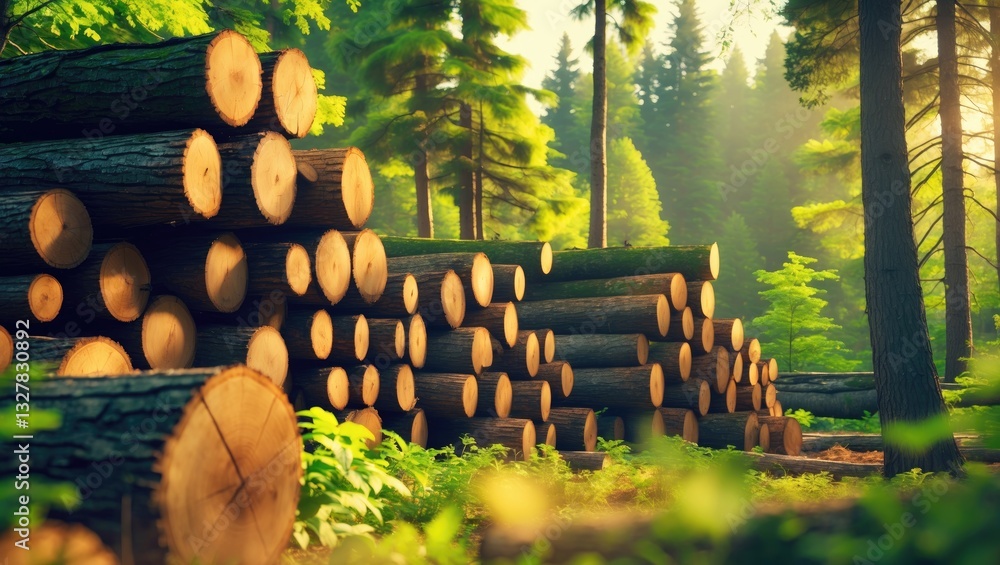 Poster forest pine and spruce trees. a pile of log trunks in the sunny forest, representing the timber logg