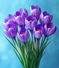 Naklejka premium Beautiful purple crocus flowers in a vibrant arrangement against a soft blue background, showcasing delicate petals and vivid colors for a serene atmosphere