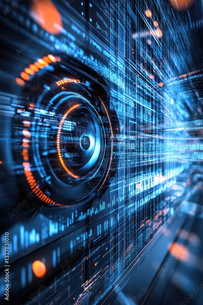 Aufkleber a futuristic digital interface showcasing a high-tech camera lens amidst a backdrop of vibrant data 
