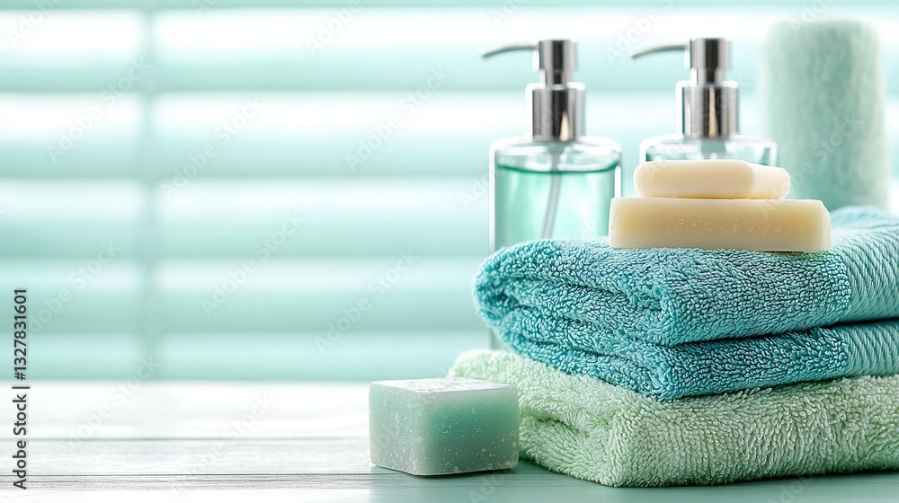 Poster a set of towels placed on a table with a nearby soap dispenser and bar of soap
