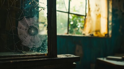 Closeup of a spider web at the window of an abandoned house, delicate web strands glistening against a rustic wooden frame, soft ambient light