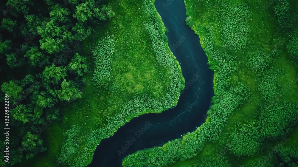 Poster an aerial view of a river running through a verdant field beside a dense forest filled with numerous