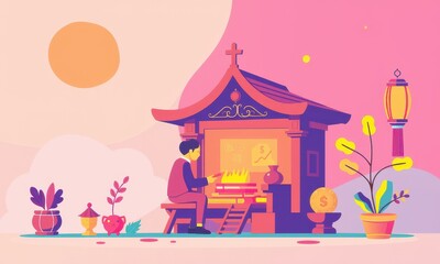 Fototapeta premium Tranquil Scene in Minimalist Asian-Inspired Temple with Person Practicing Meditation Amidst Colorful Symbols of Culture and Prosperity