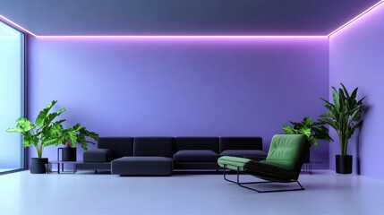 A contemporary living room with soft violet-blue walls and neon LED lights that outline the ceiling