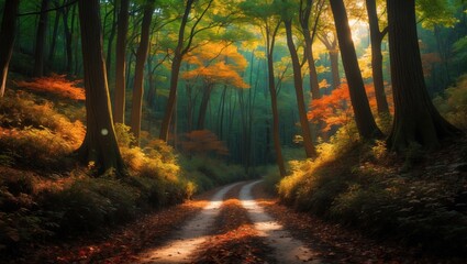 Fototapeta premium Forest trails allow access to mushrooms, foliage, and various streams, all beneath a bright blue sky.