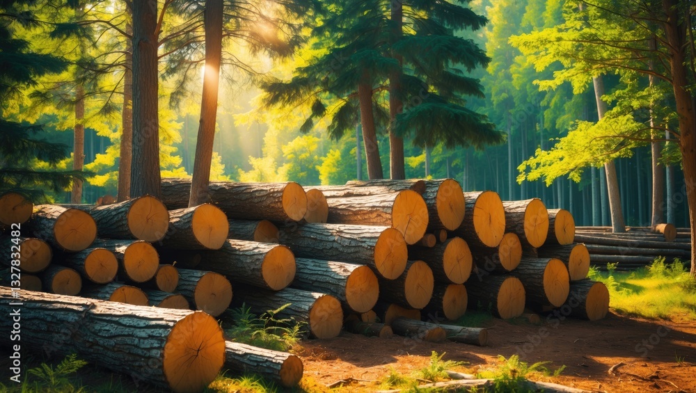 Poster forest pine and spruce trees in a sunny forest with a pile of log trunks, highlighting the logging t