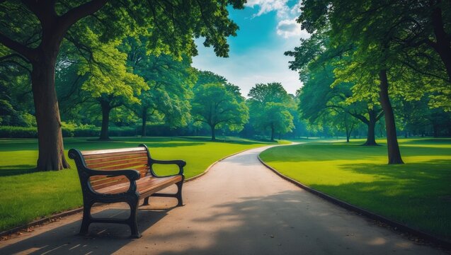 Footpath in the Park - Relaxing green meadow surrounded by trees