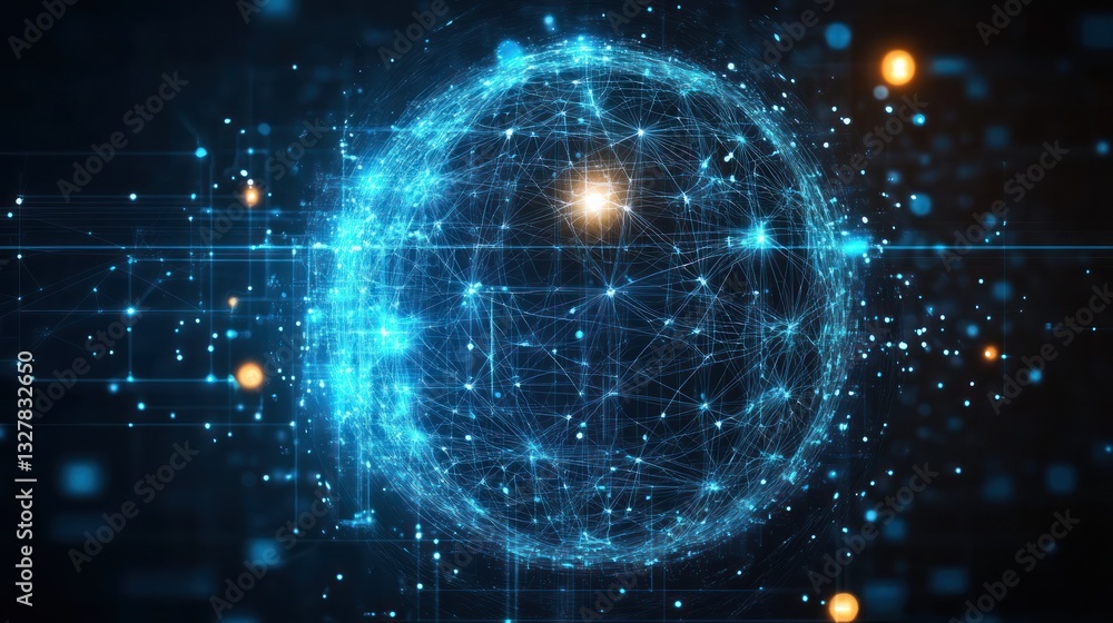 Poster a glowing digital sphere representing interconnected data points and networks, set against a dark ba