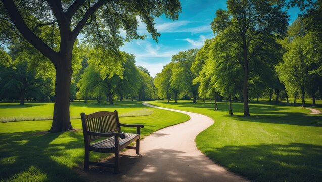 Footpath in the Park - Relaxing green meadow with trees