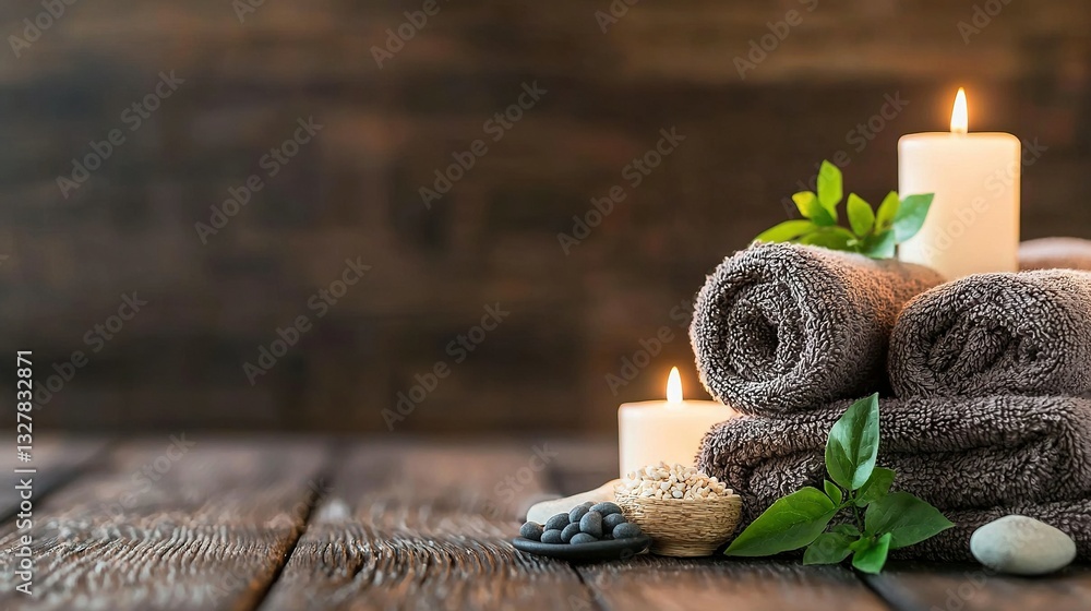 Poster a neat stack of towels resting atop a hardwood floor alongside two flickering candles and a folded t