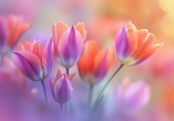 Beautiful soft-focus tulips in vibrant shades of pink and orange creating a dreamy floral background, perfect for spring or nature-themed projects