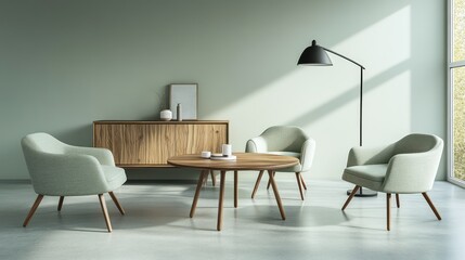 A contemporary Scandinavian-style room with pale green walls, showcasing a round dining table in walnut wood