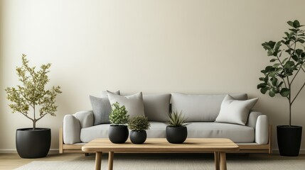 A cozy living room featuring a light grey sofa, a wooden coffee table, and decorative plants in simple black pots